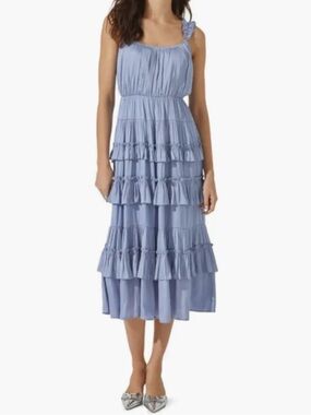 ASTR the Label Tiered Matte Satin Midi Dress in Blue Medium